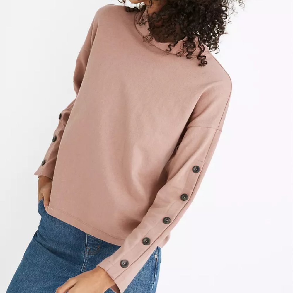 MADEWELL MAUVE ORGANIC COTTON BUTTON-SLEEVE TURTLENECK TOP